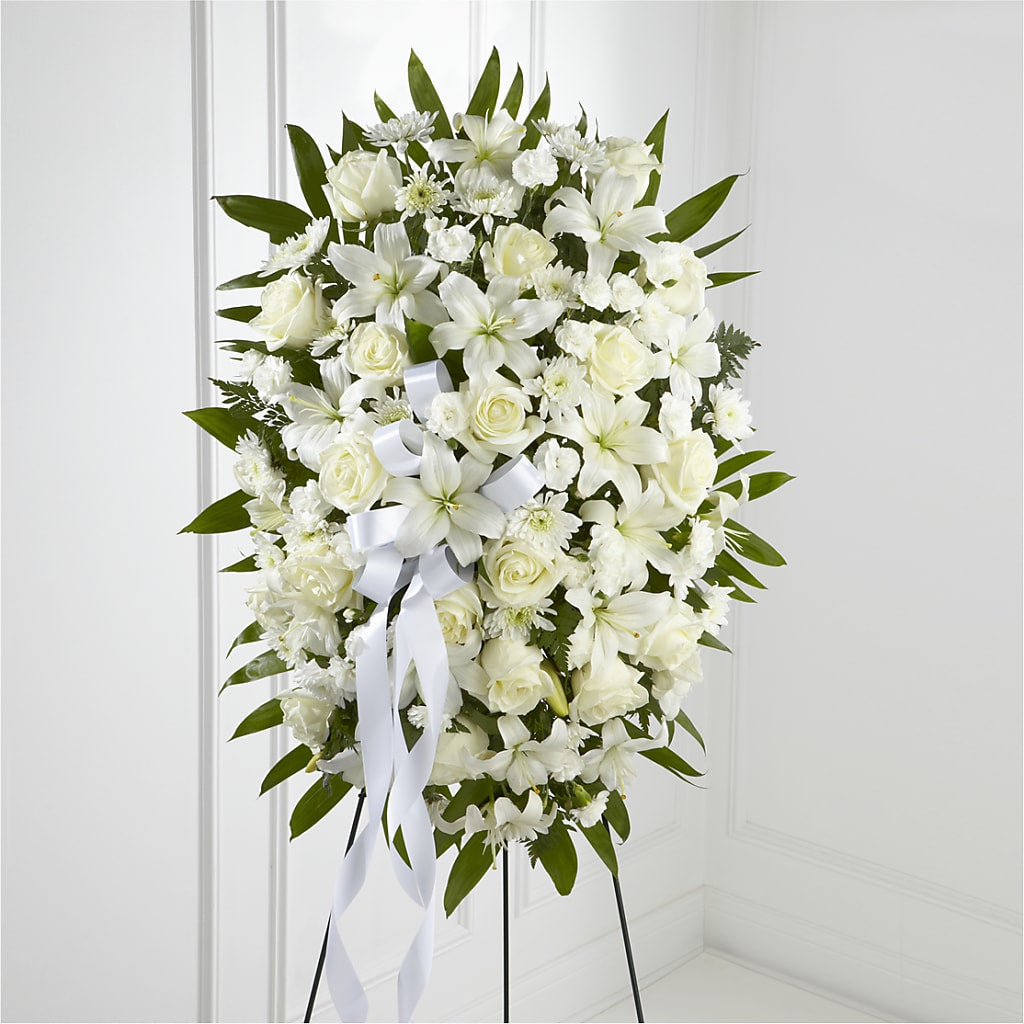 Exquisite Tribute Standing Spray-White Ribbon – Four Seasons Florist, Clarksville TN